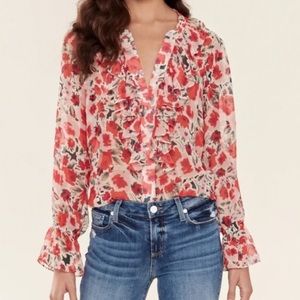 MISA Lillie Floral Print Ruffle Button Down Long Sleeve Sheer Top Blouse Size XS
